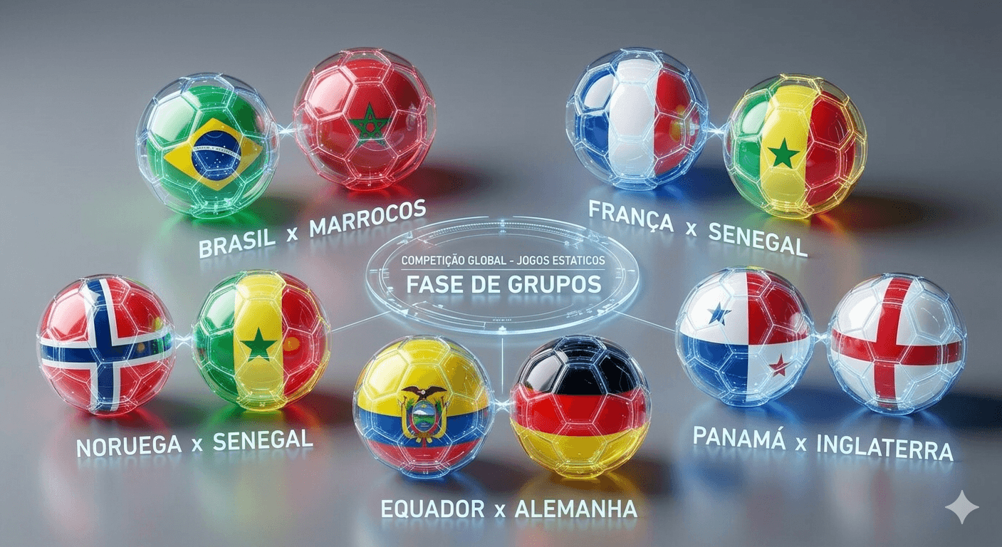 alt="Infográfico digital com bolas de futebol de cristal representando as bandeiras das seleções da Copa 2026. Destacam-se os jogos Brasil x Marrocos, França x Senegal, Noruega x Senegal, Equador x Alemanha e Panamá x Inglaterra."