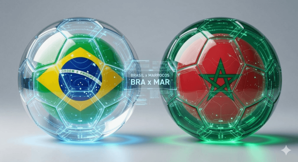 alt="Ilustração digital de duas bolas de futebol futuristas representando as bandeiras do Brasil e de Marrocos com o texto BRA x MAR no centro."