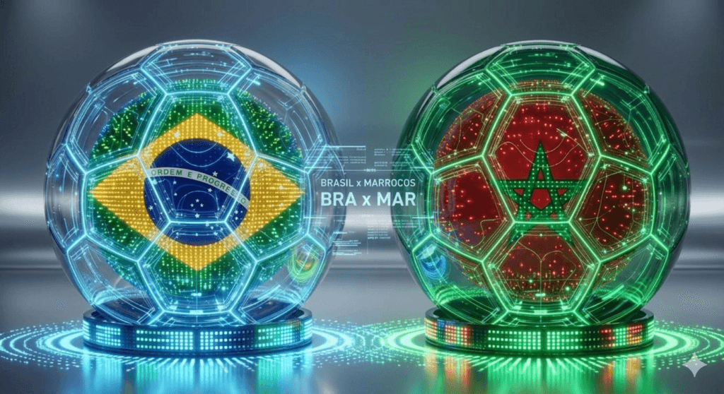 Ilustração digital futurista mostrando duas esferas tecnológicas que lembram bolas de futebol. A esfera da esquerda exibe a bandeira do Brasil em LED azul e amarelo; a da direita exibe a bandeira de Marrocos em vermelho e verde. No centro, o texto "BRASIL x MARROCOS | BRA x MAR".