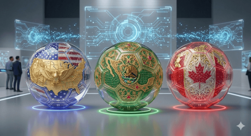 Bolas de futebol estilizadas com as bandeiras e mapas dos EUA, México e Canadá para a Copa do Mundo 2026.