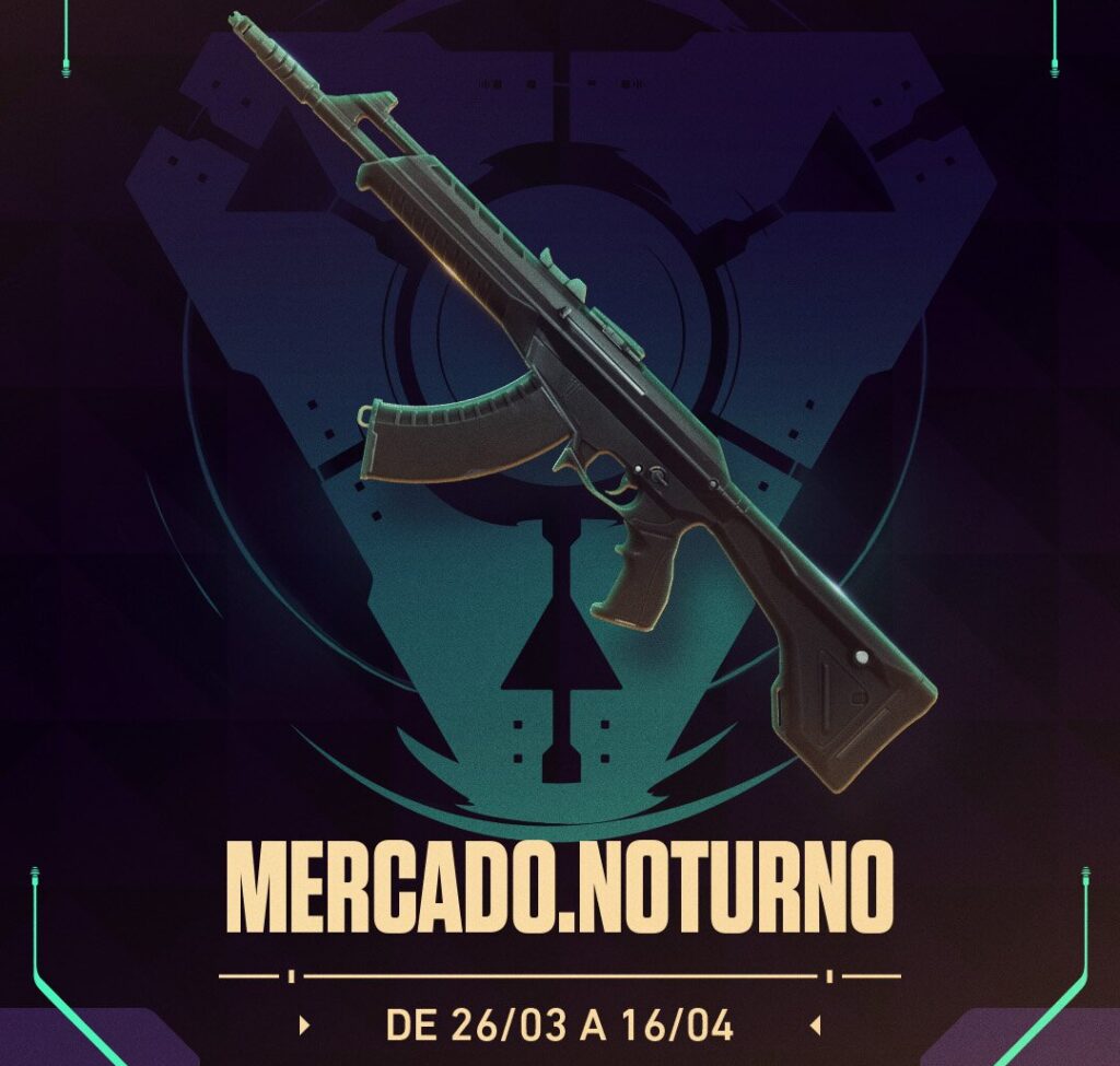 Banner oficial do Mercado Noturno Valorant com as datas de 26 de março a 16 de abril de 2026.