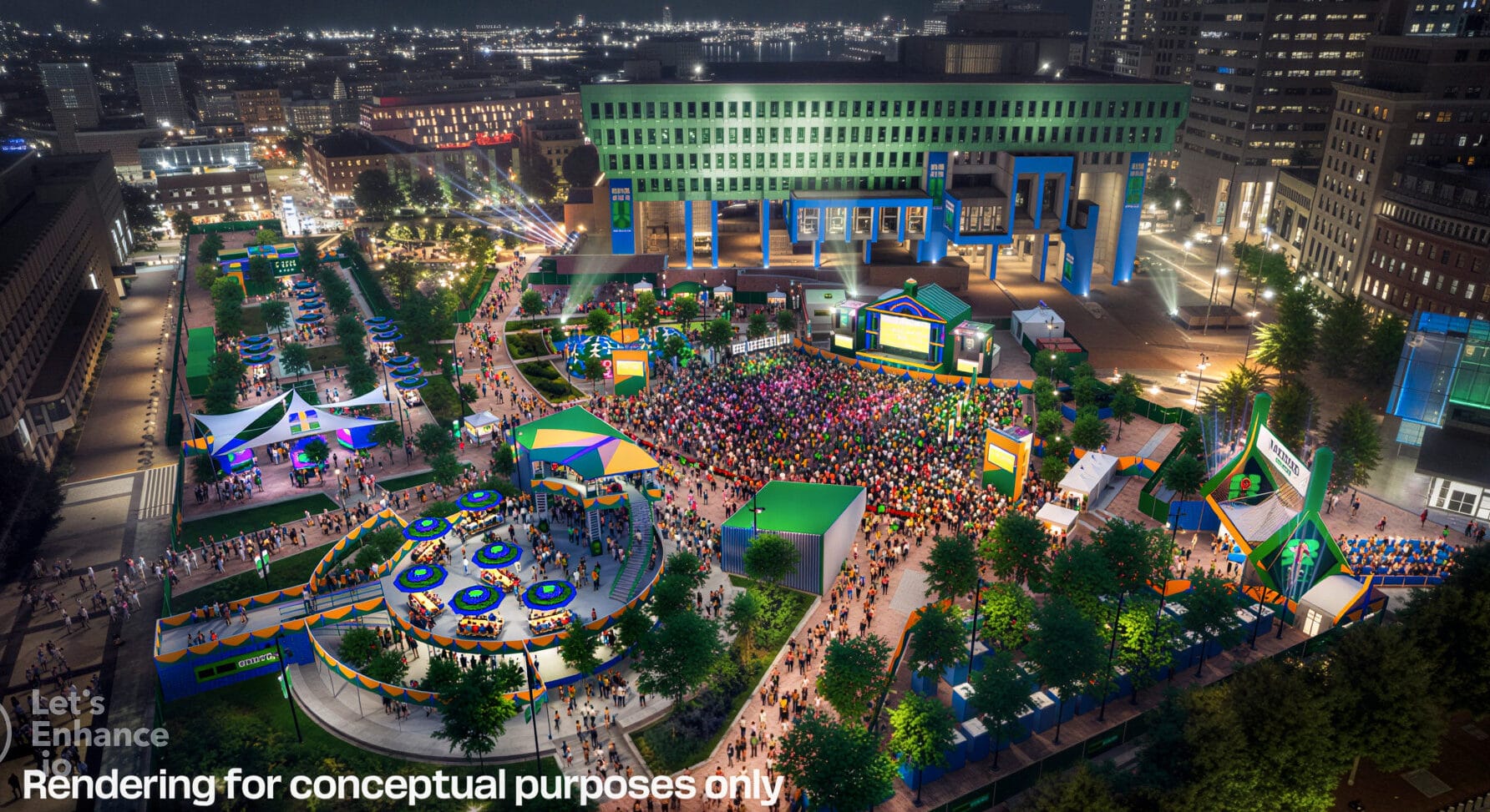 Projeção conceitual da FIFA Fan Festival 2026 em Boston, no City Hall Plaza, mostrando uma multidão celebrando a Copa do Mundo em um ambiente iluminado com as cores verde e azul, ilustrando uma das 16 cidades-sede oficiais do torneio nos EUA, México e Canadá.