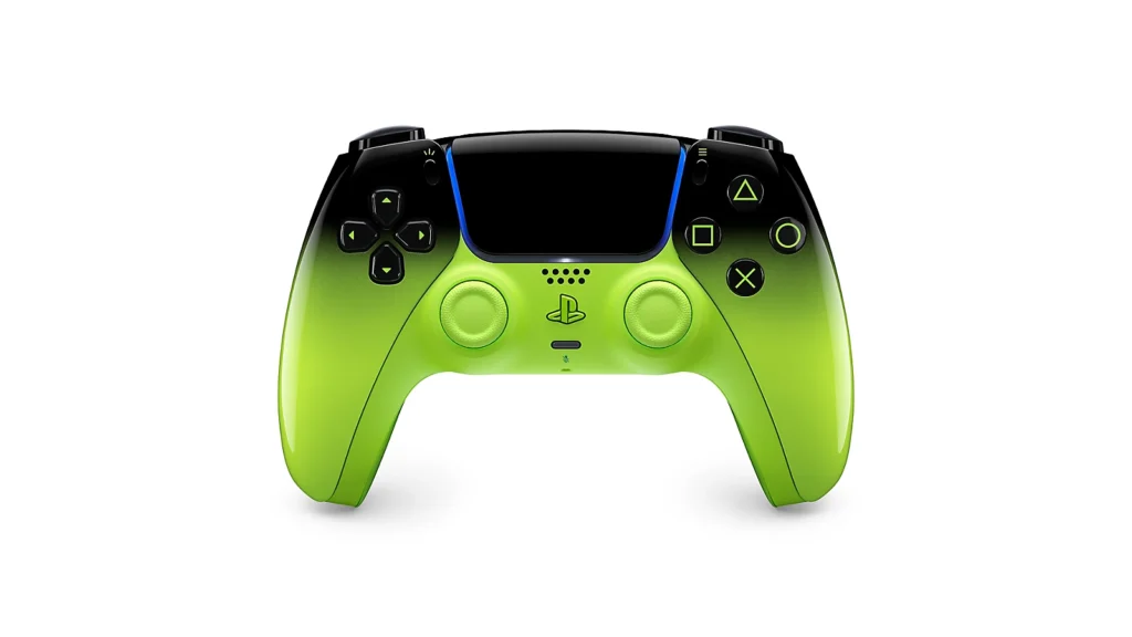 Controle sem fio DualSense Remix Green da coleção HYPERPOP. O design apresenta um degradê que vai do preto translúcido no topo até um verde neon vibrante e brilhante na base. Os botões e o touchpad são pretos com detalhes iluminados em verde.
