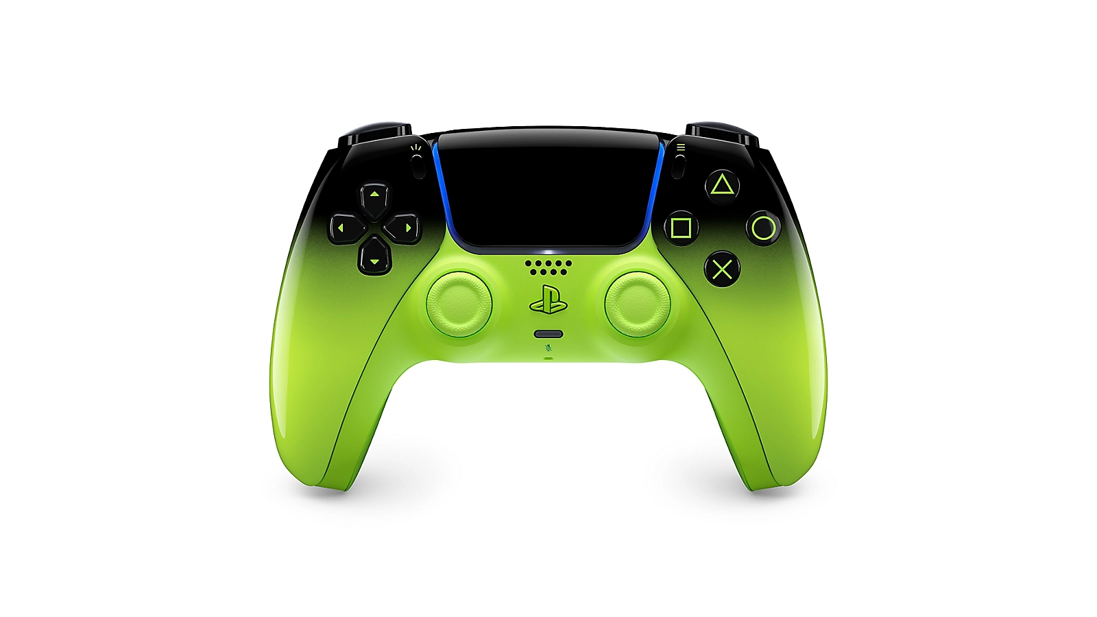 Controle sem fio DualSense Remix Green da coleção HYPERPOP. O design apresenta um degradê que vai do preto translúcido no topo até um verde neon vibrante e brilhante na base. Os botões e o touchpad são pretos com detalhes iluminados em verde.