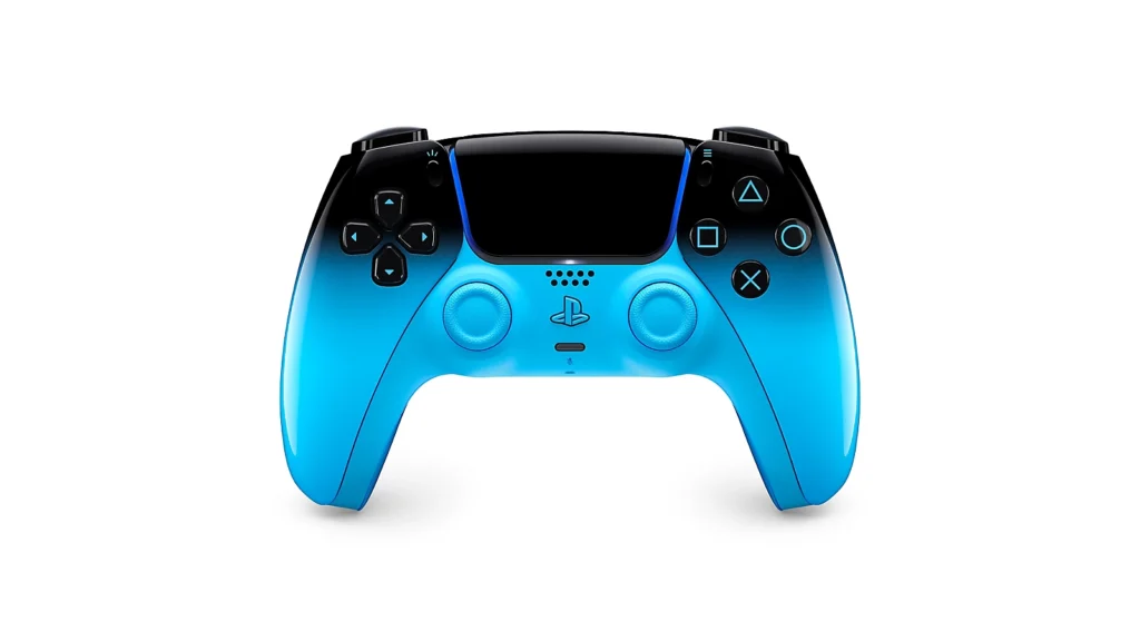 Controle sem fio DualSense Rhythm Blue da coleção HYPERPOP. O design apresenta um degradê que vai do preto translúcido no topo até um azul neon vibrante e reluzente na base. Os botões e o touchpad são pretos com ícones iluminados em azul.