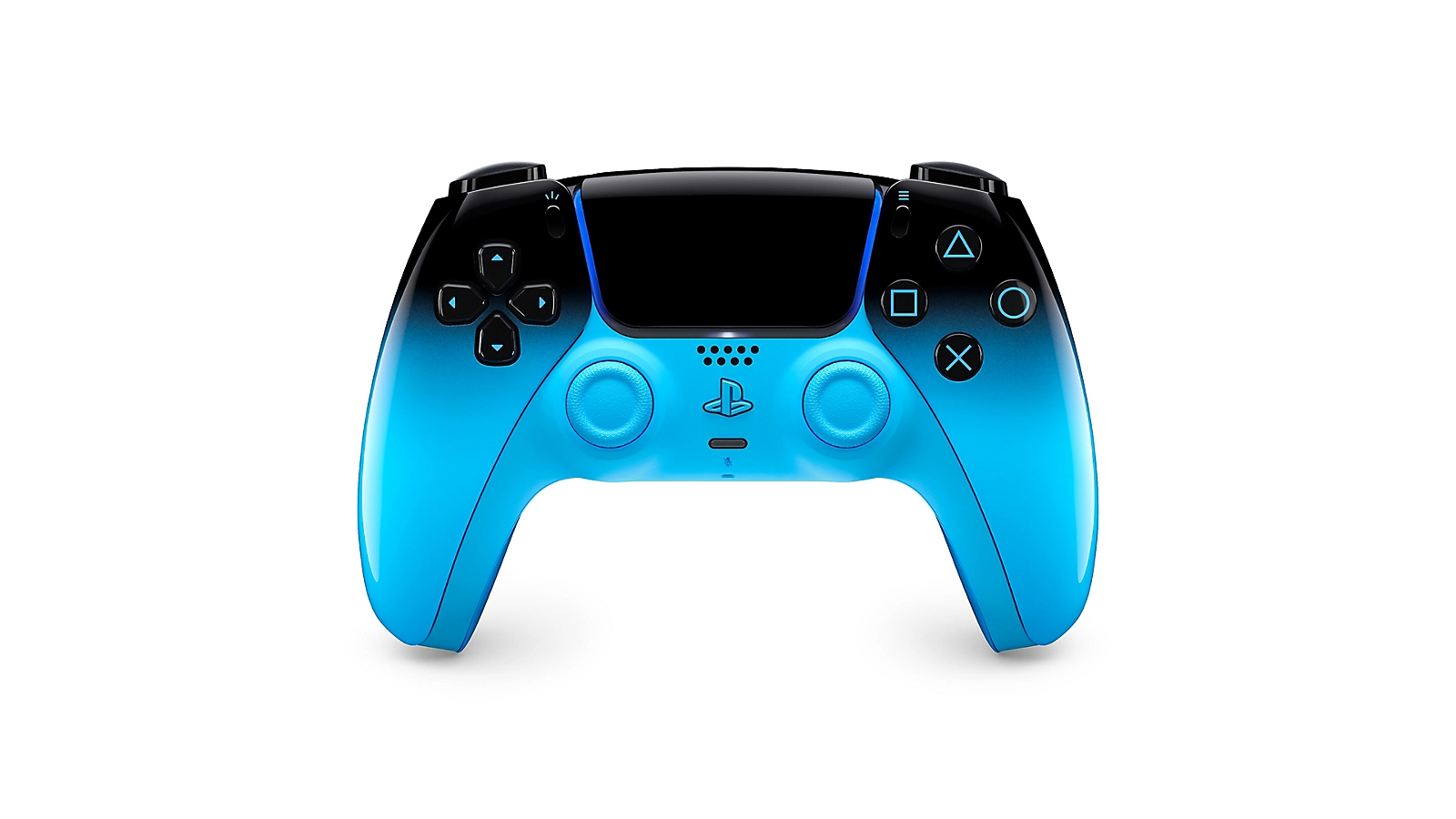 Controle sem fio DualSense Rhythm Blue da coleção HYPERPOP. O design apresenta um degradê que vai do preto translúcido no topo até um azul neon vibrante e reluzente na base. Os botões e o touchpad são pretos com ícones iluminados em azul.