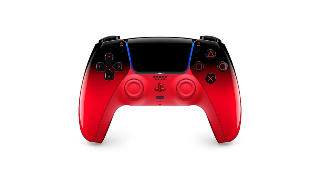 Controle sem fio DualSense Techno Red da coleção HYPERPOP para PS5, com design em degradê que vai do preto translúcido no topo ao vermelho neon vibrante na base. Os botões e o touchpad são pretos, contrastando com o corpo vermelho brilhante.