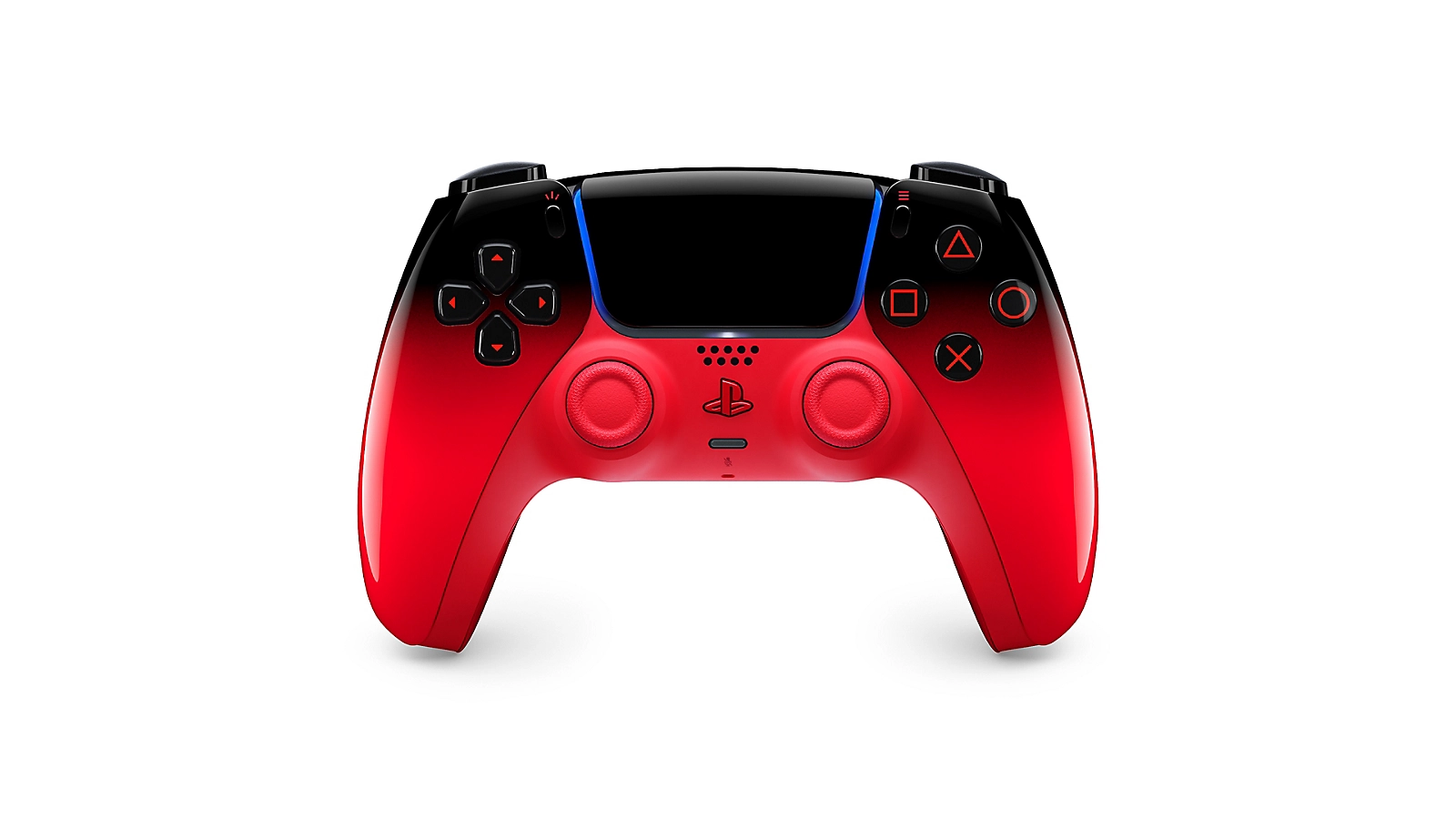 Controle sem fio DualSense Techno Red da coleção HYPERPOP para PS5, com design em degradê que vai do preto translúcido no topo ao vermelho neon vibrante na base. Os botões e o touchpad são pretos, contrastando com o corpo vermelho brilhante.