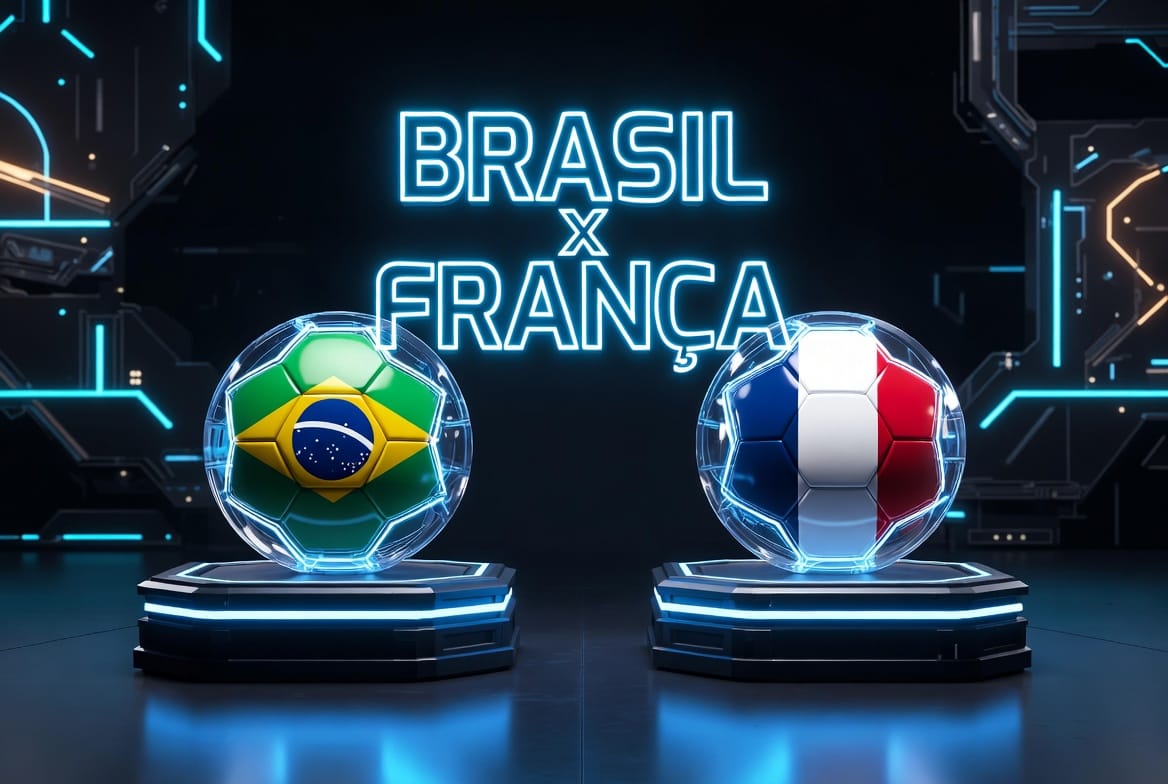 Gráfico oficial de Brasil x França com bolas estilizadas nas cores das bandeiras nacionais para a série Road to 26