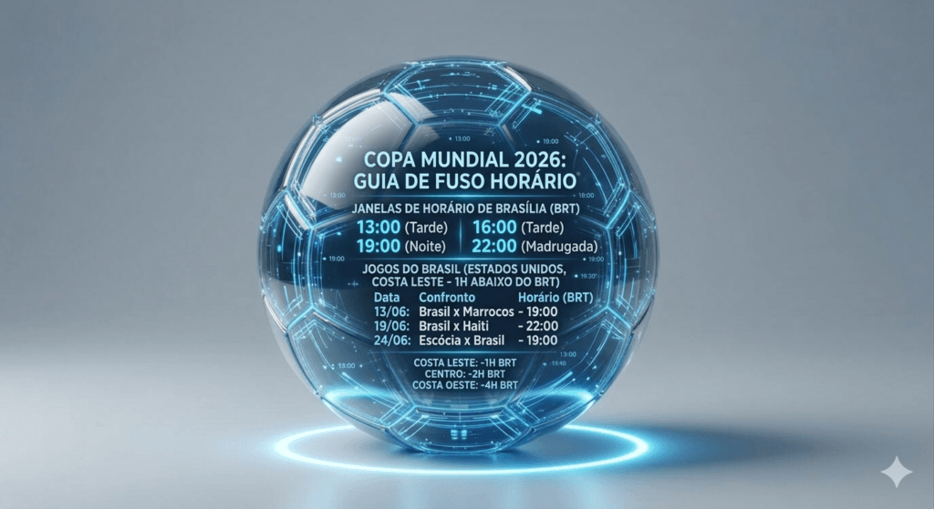 alt="Infográfico Copa Mundial 2026: Guia de fuso horário e tabela de jogos do Brasil no horário de Brasília (BRT)."