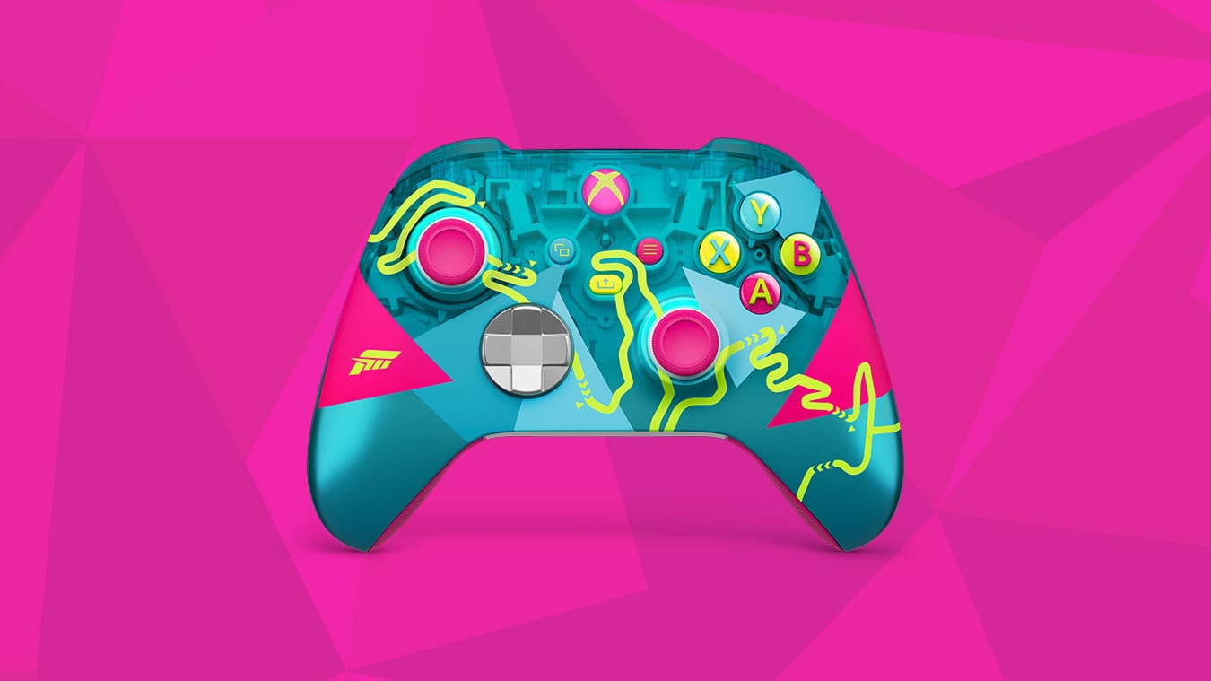 Controle Sem Fio Xbox Edição Limitada Forza Horizon 6 com design transparente azul ciano e detalhes neon.