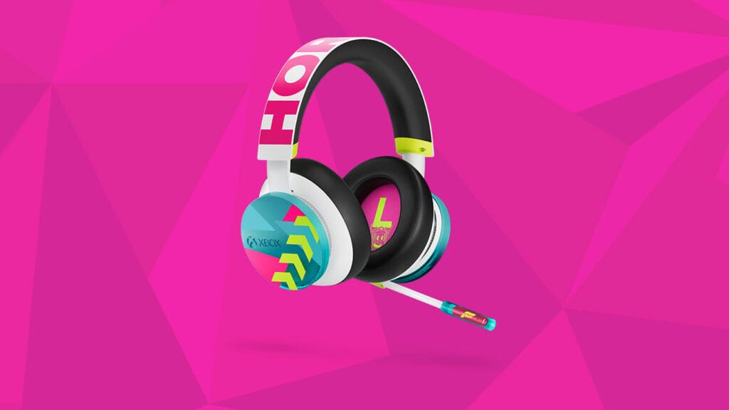Headset Sem Fio Xbox Edição Limitada Forza Horizon 6 com design azul ciano transparente e detalhes em rosa vibrante.