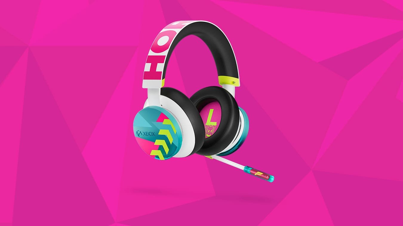 Headset Sem Fio Xbox Edição Limitada Forza Horizon 6 com design azul ciano transparente e detalhes em rosa vibrante.