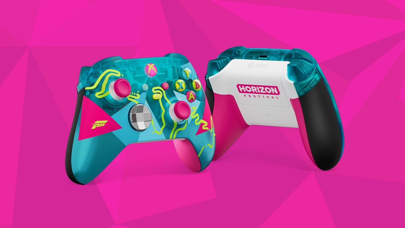 Vista frontal e traseira do controle Xbox Forza Horizon 6 Edição Limitada destacando o design transparente e o logotipo Horizon Festival.