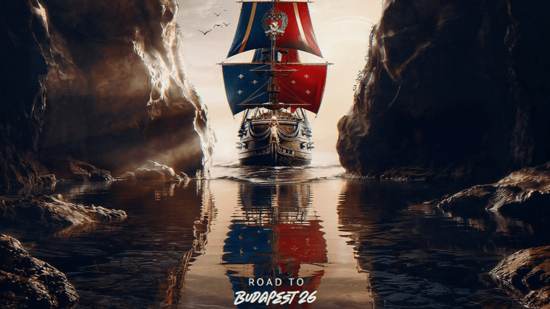 Arte promocional oficial do Paris Saint-Germain para a final da Champions League 2026, mostrando uma caravela estilizada com as bandeiras do PSG navegando em direção à Budapeste.