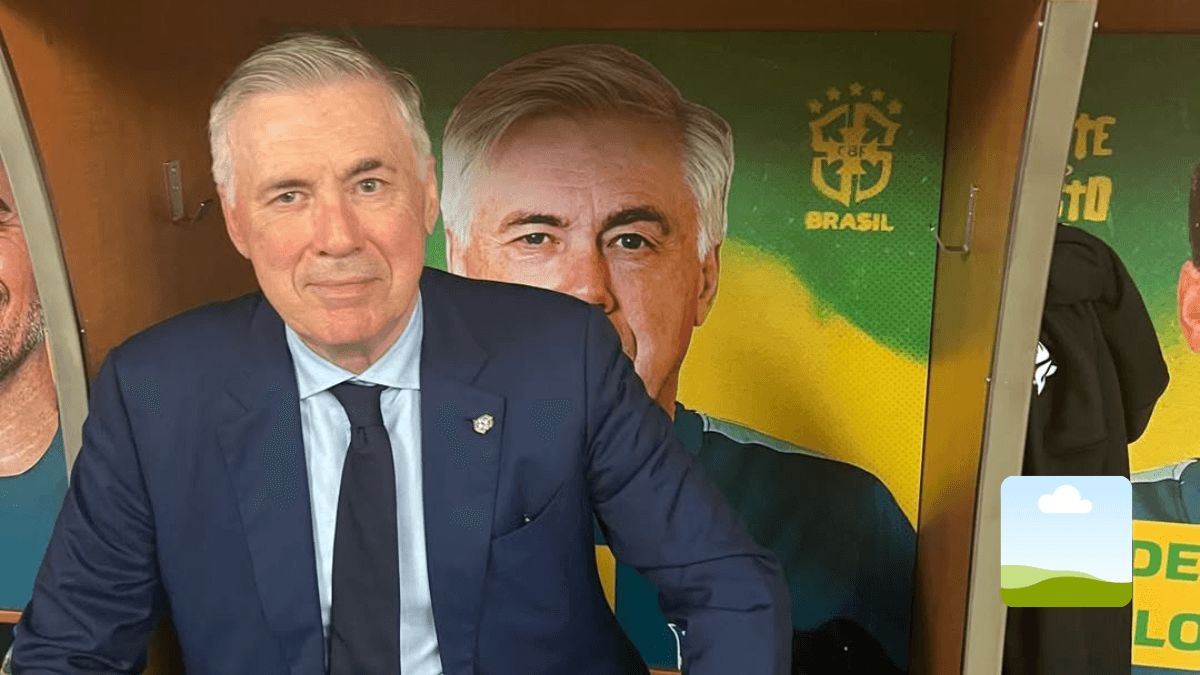Carlo Ancelotti, técnico da Seleção Brasileira, em frente ao escudo da CBF planejando a lista para 2026